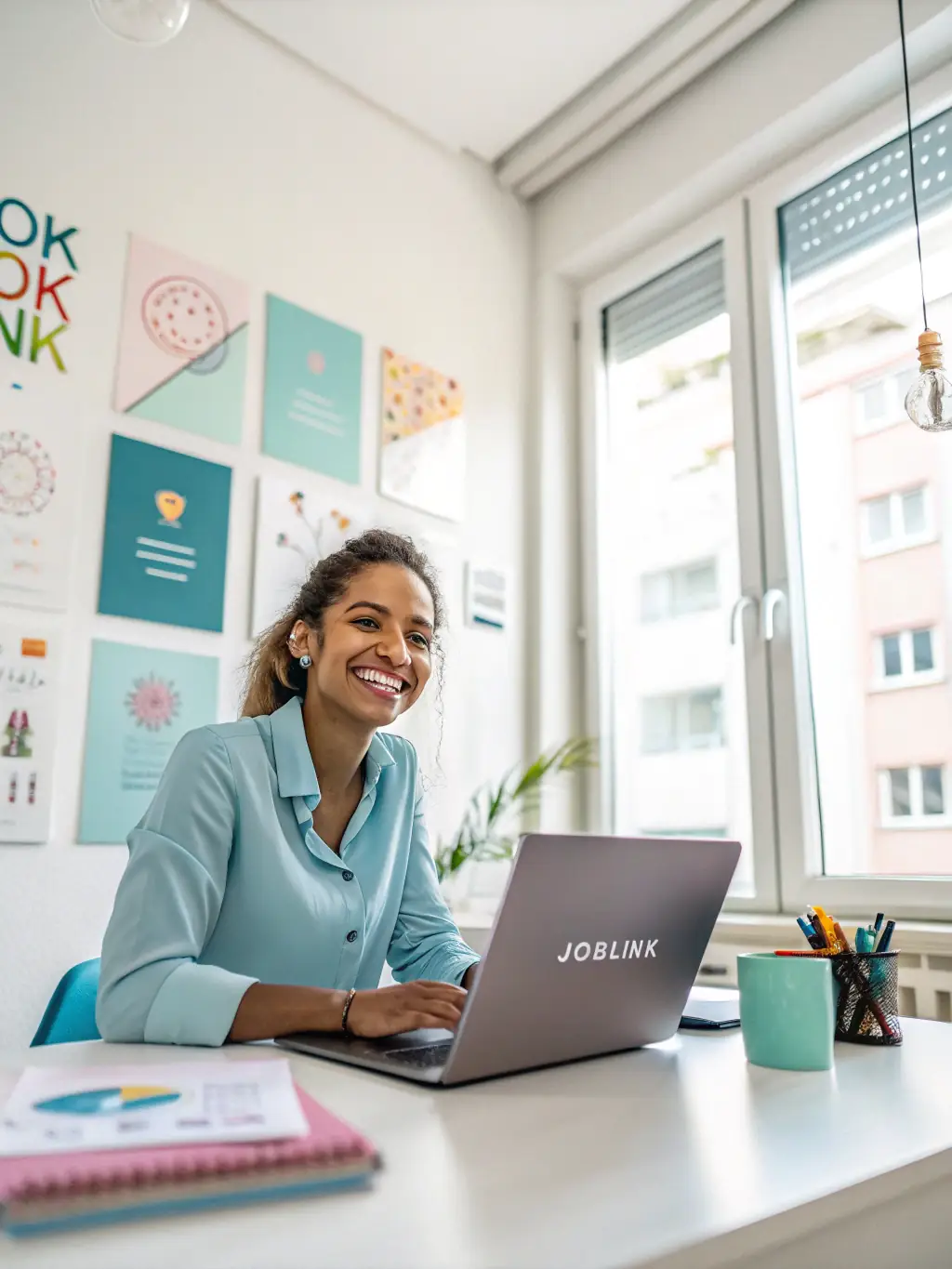 A professional headshot of a career coach specializing in resume writing, smiling confidently and holding a pen over a resume draft in a bright, modern office setting.