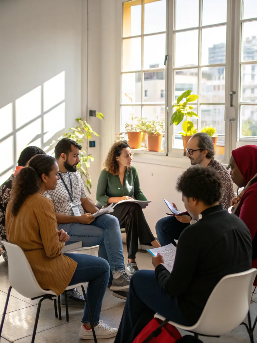 A photo of a coach leading a workshop on interview skills, demonstrating active listening and providing constructive feedback to participants in a collaborative environment.