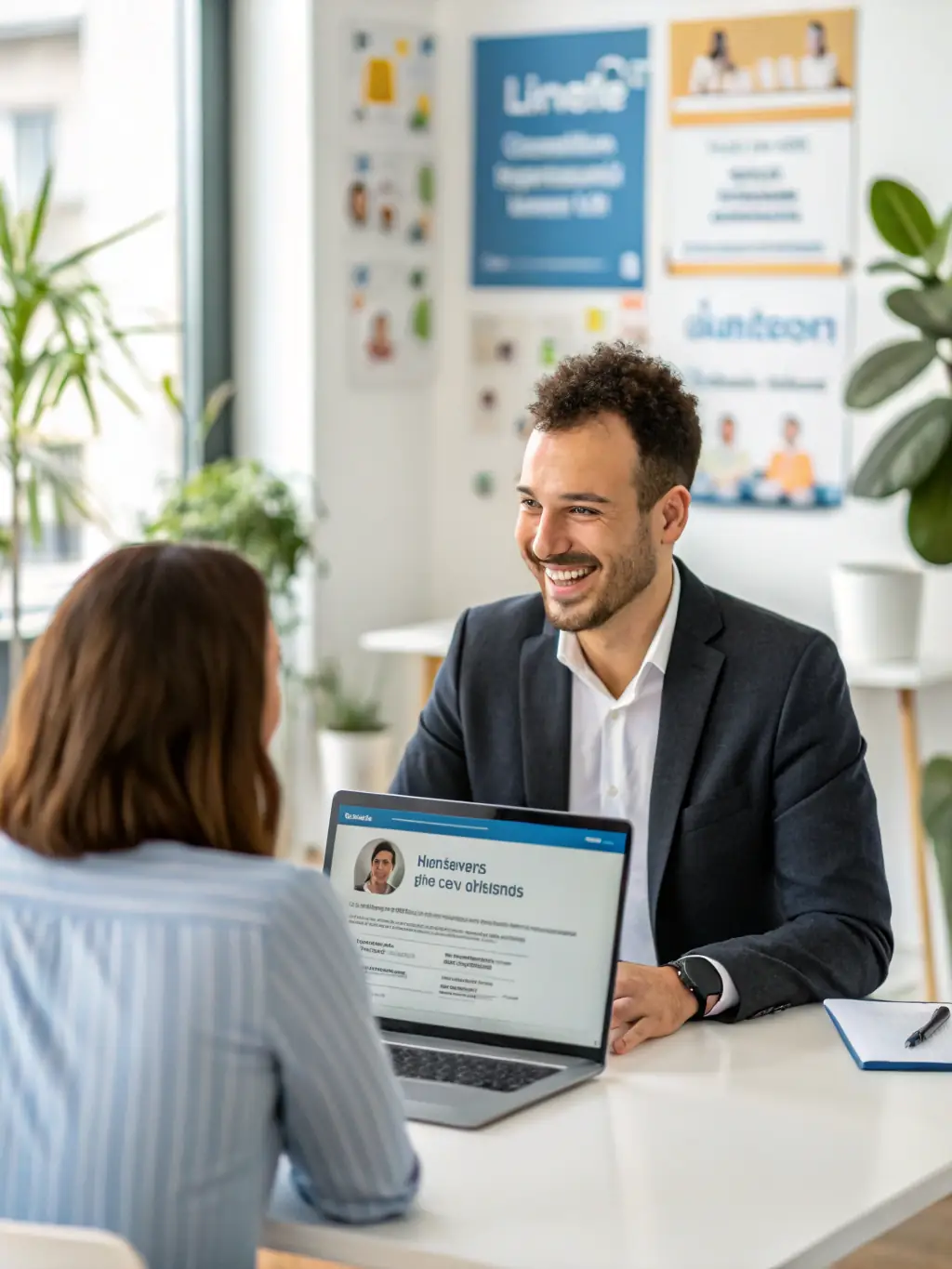 A coach providing guidance on LinkedIn profile optimization, showcasing a client's profile on a laptop screen with a focus on professional branding.
