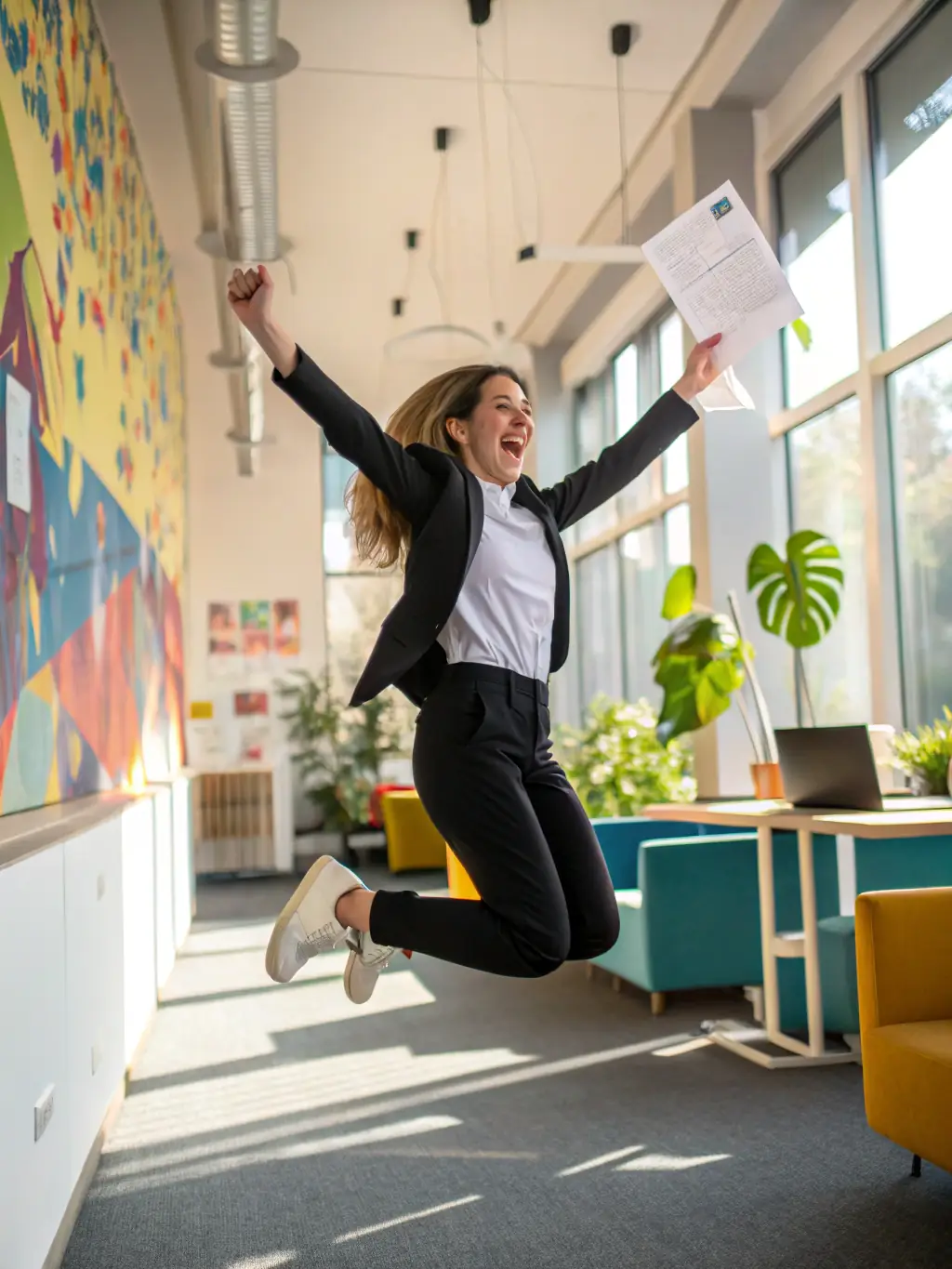 A client celebrating a new job offer, with a coach offering congratulations and support.